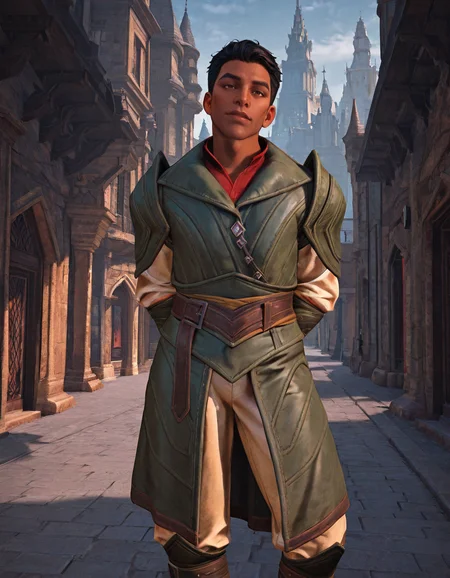 cinematic_depth, 8k, soft_lighting, warm_glow, ultra_high_quality, masterpiece, best quality, newest, perfect quality, best quality, detailed background, intricate details, male focus, realistic, day, <lora:Dragon Age Veilguard - Elek Tavor - Illustrious-000005:0.8>, e_tavor, 1boy, dark skin, black hair, short hair, brown eyes, outdoors, city, leather armor, leather bracers, red undershirt, white sleeves, white pants, leather belt, leather boots, arms behind back, contrapposto, head tilt, looking at viewer