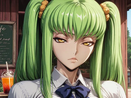 masterpiece,best quality,amazing quality,ultra detailed,
1girl,
<lora:My_Muscle_Style_1:0.3>,muscular female, fit, skinny,
<lora:HyperdetailedColoredPencilIl:0.3> ArsMJStyle, <lora:Sinozick_style:0.3>Sinozick_illu,gradient,spot color
<lora:illustriousXL_stabilizer_v1.23:0.5>
<lora:GLSHS:0.7> SHSLG
<lora:C.C._and_Kallen_Stadtfeld_Code_Geass:0.8> , C.C., green hair, long hair, yellow eyes, bangs, twintails,hair ornament,
outdoors,cafe,drinking straw, drink,
school uniform,
solo,large breasts, bowtie,
dyamic angle,
close-up, portrait,
looking at viewer, narrowed eyes,