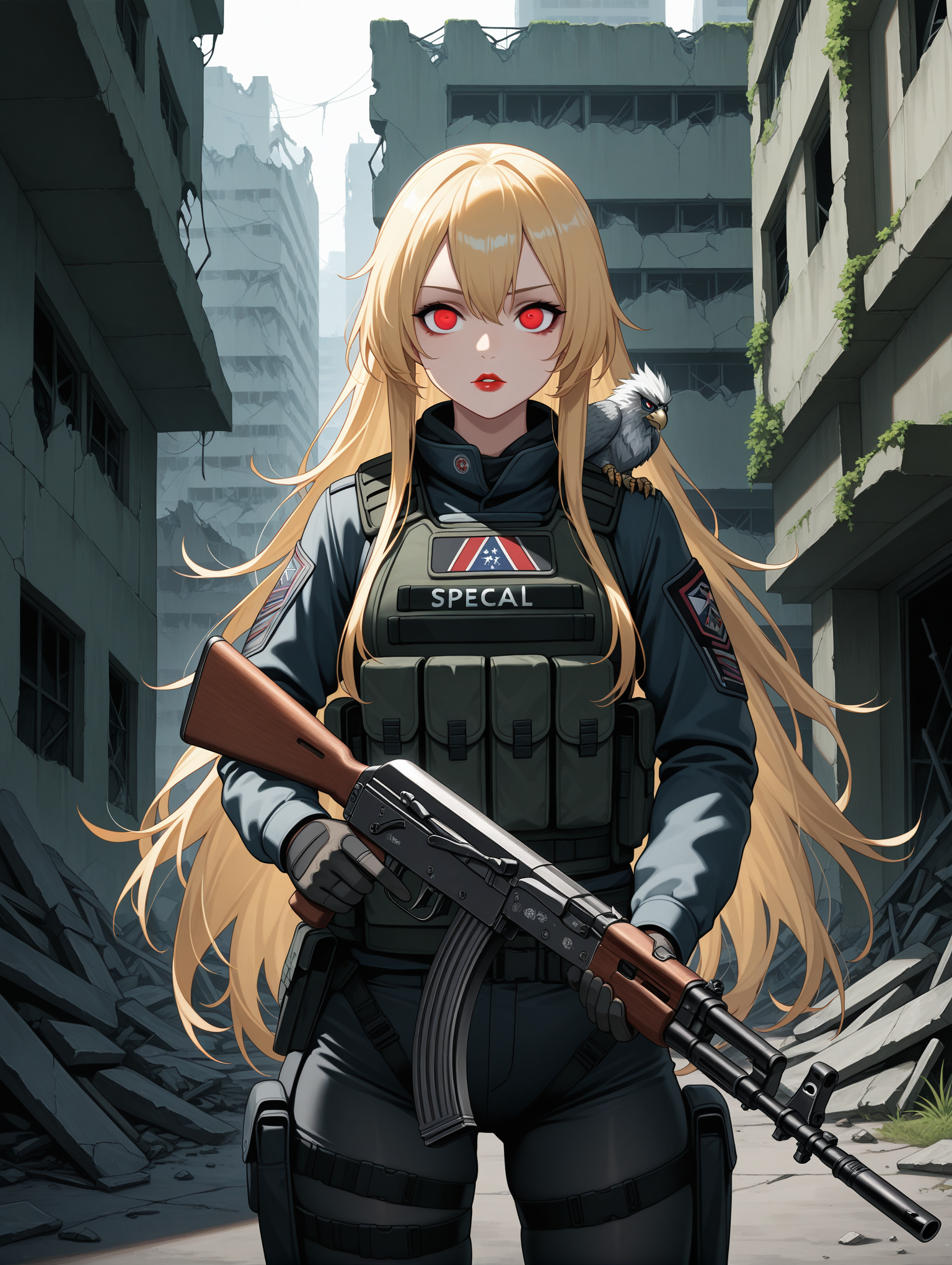 1girl,solo, AK-47 (Girls' Frontline), highly detailed face, high quality face, detailed hair, blonde hair, long hair, highly detailed eyes, detailed lips, red eyes, red lips, medium chest, half body, special military tactical clothing with chevrons on shoulder (Gryphon and Krugger), tactical vest , tactical pants, tights, assault rifle in hand (AK-47),against the background of urban ruins, greenery on the buildings, ruined buildings
,masterpiece,best quality,amazing quality,