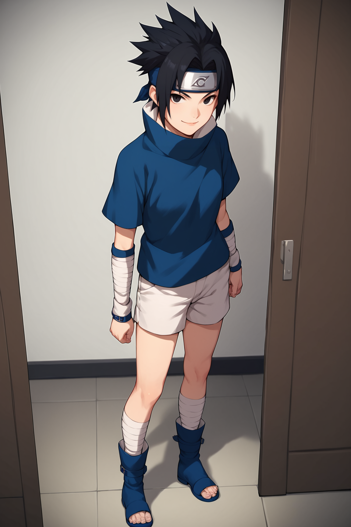 score_9, score_8_up, score_7_up, score_6_up, score_5_up, score_4_up, SasukeGEXL, black eyes, black hair, short hair, spiked hair, parted bangs, forehead protector, high collar, blue shirt, short sleeves, detached sleeves, white shorts, blue footwear, legs bandages, toeless footwear, solo, standing, seductive smile, looking at viewer, indoors <lora:SasukeGEXL:0.8>