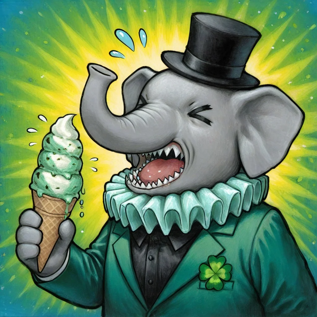 solo, lukch, no humans, upper body, elephant, eating ice cream, imminent eating, open mouth, sharp teeth, excited, > <, flying sweatdrops, green suit, [neck ruff], black top hat, green ice cream, clover,
traditional media, best quality, absurdres, [dynamic pose]