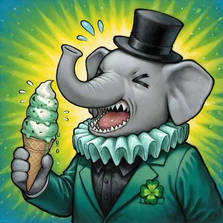 solo, lukch, no humans, upper body, elephant, eating ice cream, imminent eating, open mouth, sharp teeth, excited, > <, flying sweatdrops, green suit, [neck ruff], black top hat, green ice cream, clover,
traditional media, best quality, absurdres, [dynamic pose]
