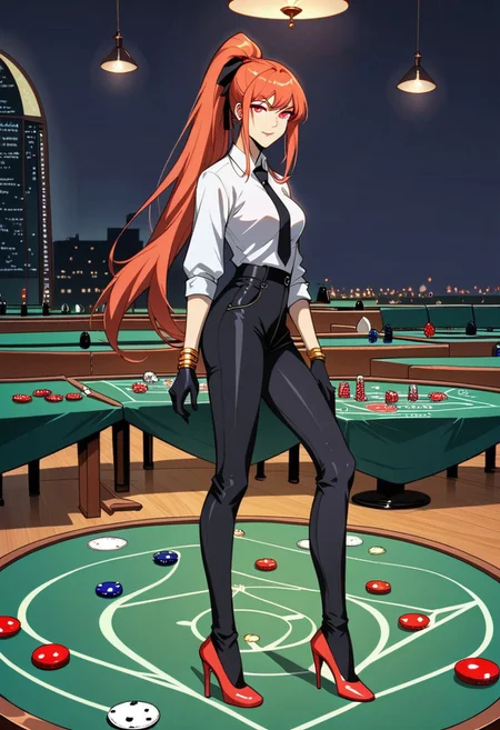 score_9, score_8_up, score_7_up, 1girl, night, indoor, in a casinò, dynamic shot, from high, long legs standing behing a poker table, green table, solo, dynamic pose, Feng Ling, orange hair, red eyes, medium breast, long hair, ponytail, black pants, white shirt, long sleves shirt, black gilet, black neck tie, red heels, gold slim bracelets, black gloves, looking at the viewer, long legs, nice legs, white hips ultra detailed, masterpiece, close up, upper body<lora:add-detail-xl:1>, <lora:StS_PonyXL_Detail_Slider_v1.4_iteration_3:4>