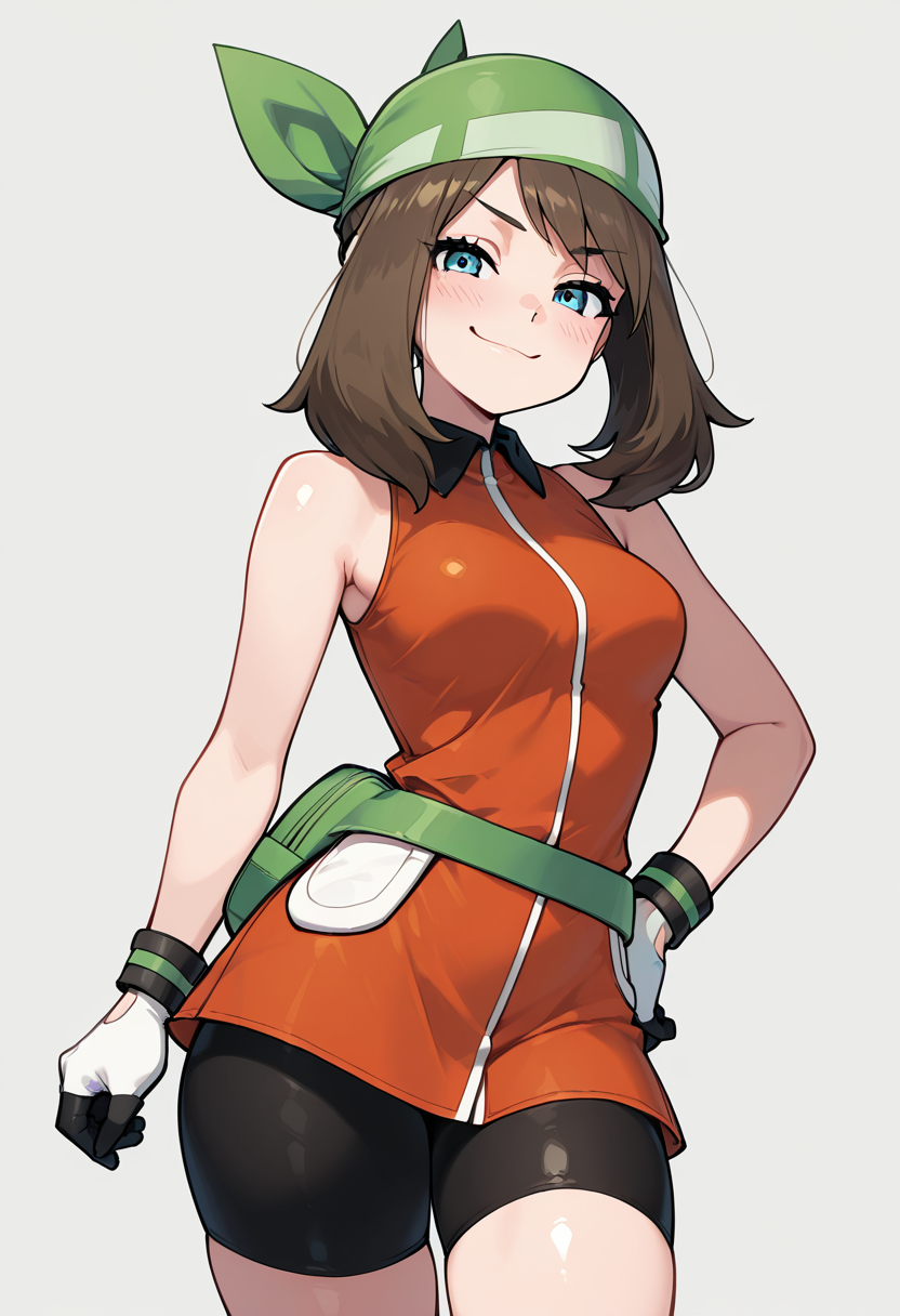 masterpiece, best quality, solo, curvy, beautiful eyes,  zzMayEm, blue eyes, brown hair, medium hair, gloves, green bandana, orange dress, bike shorts, sleeveless, fanny pack, green bag, ,<lora:MayEmeraldPokemon_IXL_v2:1.0>,cowboy shot, hand on hip, smug, smile, looking at viewer, shiny skin,