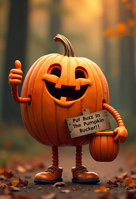 close up cinematic photo, a pumpkin with arms and legs, happy pumpkin facial expression, holding a pumpkin shaped bucket with a sign on it saying ''Put Buzz In The Pumpkin Bucket!'', thumbs up, evening, woods, highly detailed, illustration, high quality, clear, 4k,