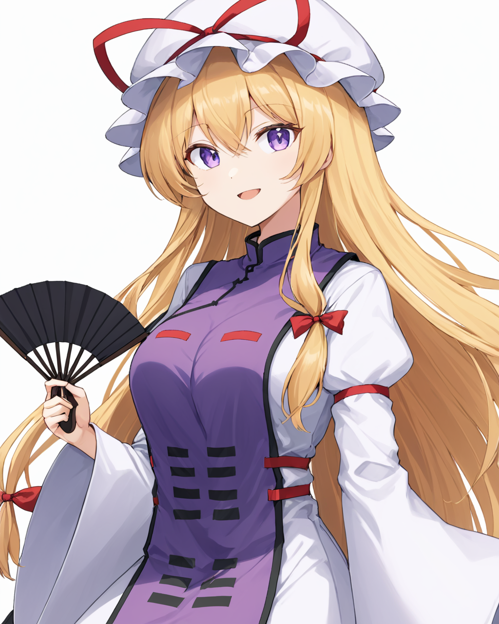 yakumo yukari,1girl, gap_\(touhou\), solo, tabard, mob_cap, looking_at_viewer, long_sleeves, road_sign, upper_body, smile, hat_ribbon, open_mouth, wide_sleeves, folding_fan, white_background, white_headwear, holding_fan, white_dress, red_ribbon, breasts, simple_background
<lora:yakumo_yukari_image6089_2023-12-20-000007:1>,star-shaped_pupils,symbol-shaped_pupils,. gorgeous,key visual, vibrant, studio anime,award-winning, professional, highly detailed,high budget, cinemascope