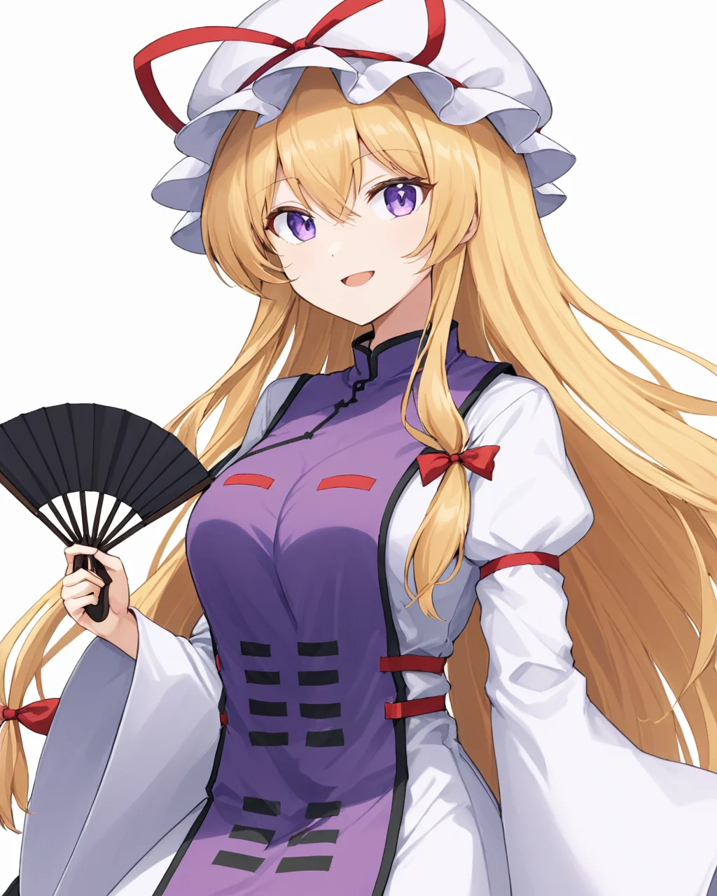 yakumo yukari,1girl, gap_\(touhou\), solo, tabard, mob_cap, looking_at_viewer, long_sleeves, road_sign, upper_body, smile, hat_ribbon, open_mouth, wide_sleeves, folding_fan, white_background, white_headwear, holding_fan, white_dress, red_ribbon, breasts, simple_background
<lora:yakumo_yukari_image6089_2023-12-20-000007:1>,star-shaped_pupils,symbol-shaped_pupils,. gorgeous,key visual, vibrant, studio anime,award-winning, professional, highly detailed,high budget, cinemascope