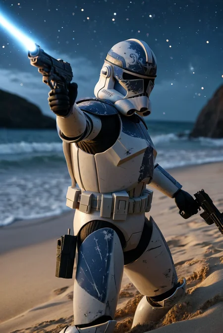 7-Phase2, 1boy, sneaking,  holding gun, military, explosions, detailed weapon
beach, night time, stars, nebulas, detailed waves and sand
[strong lighting, cinematic masterpiece, highly detailed armour,  realistic armour, legendary, hyperrealism]
  <lora:Clone Armour Phase 2 v1.0:0.9>