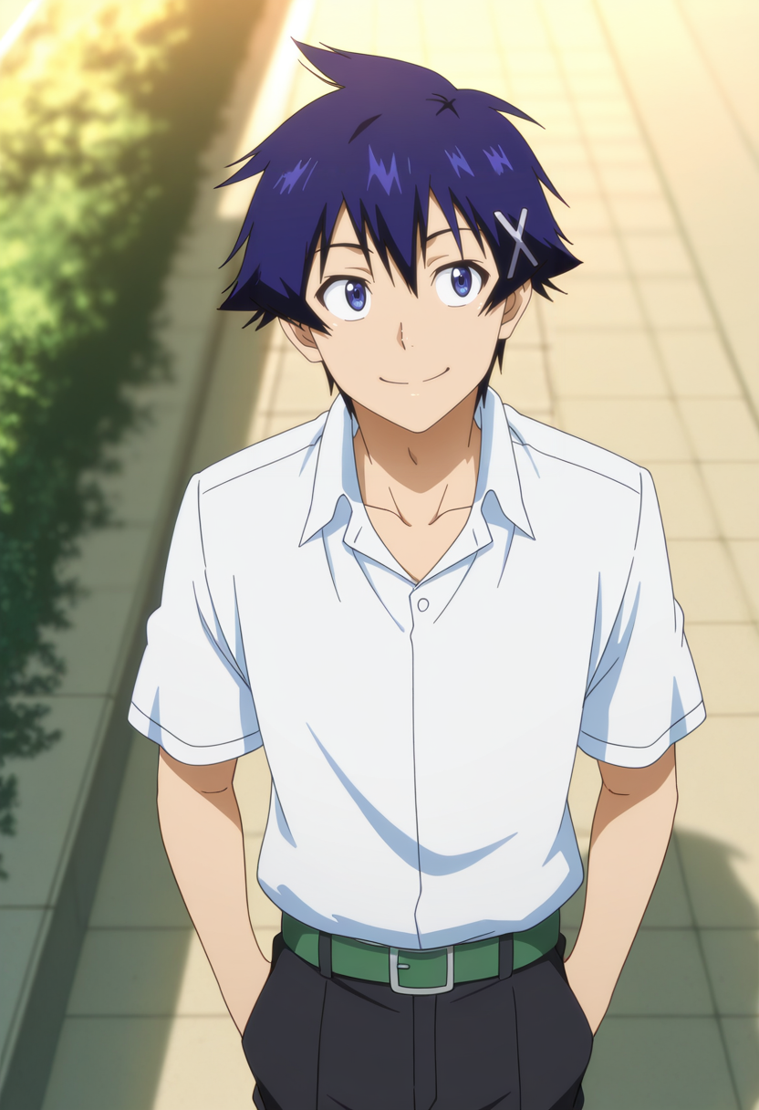 masterpiece, best quality, very aesthetic, high resolution, ultra-detailed, absurdres, newest, scenery, depth of field, anime coloring , , , 1boy, solo, male focus,  <lora:Raku_Ichijou:0.78>, raku ichijou, blue hair, blue eyes, short hair, hairclip, smile, school uniform, belt, hands in pockets, from above