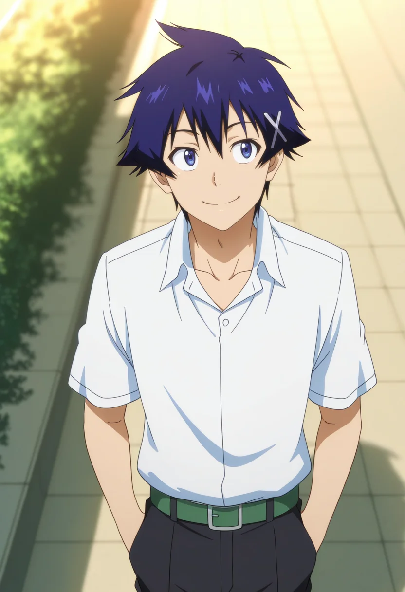 masterpiece, best quality, very aesthetic, high resolution, ultra-detailed, absurdres, newest, scenery, depth of field, anime coloring , , , 1boy, solo, male focus,  <lora:Raku_Ichijou:0.78>, raku ichijou, blue hair, blue eyes, short hair, hairclip, smile, school uniform, belt, hands in pockets, from above