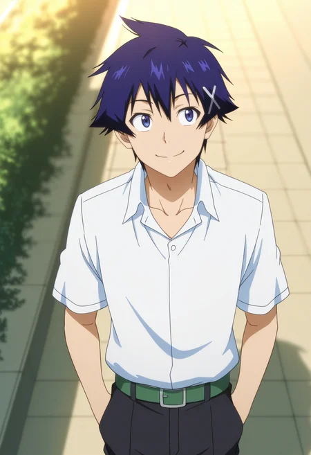 masterpiece, best quality, very aesthetic, high resolution, ultra-detailed, absurdres, newest, scenery, depth of field, anime coloring , , , 1boy, solo, male focus,  <lora:Raku_Ichijou:0.78>, raku ichijou, blue hair, blue eyes, short hair, hairclip, smile, school uniform, belt, hands in pockets, from above