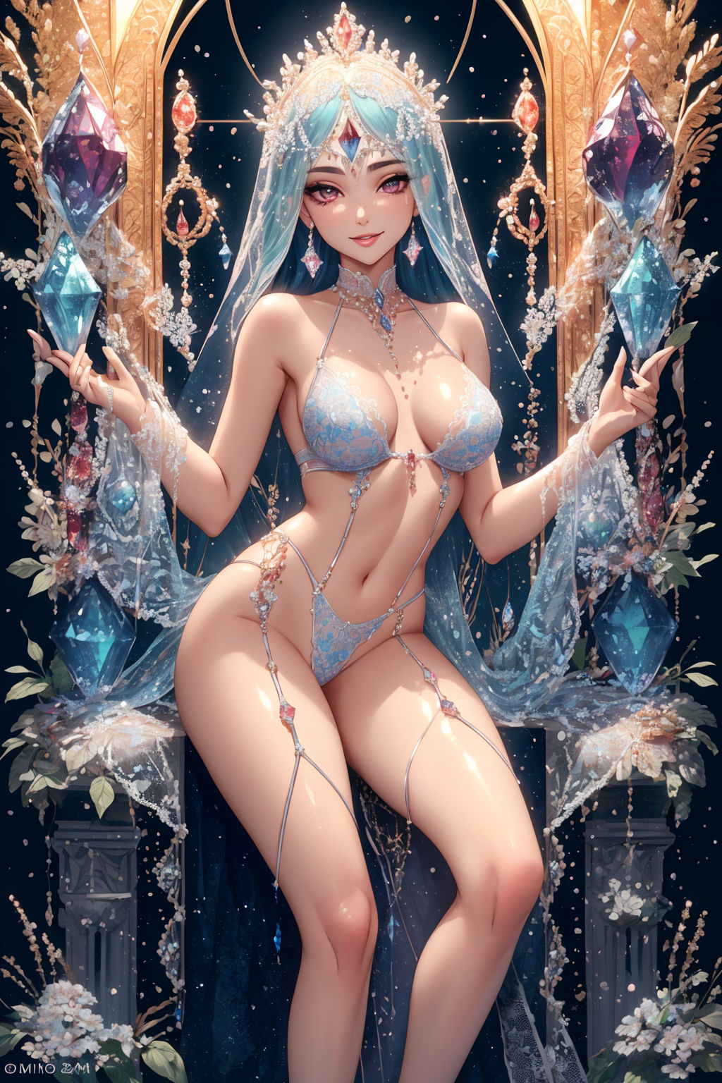 gems, <lora:Gem-Studded-V1:1>, full body photo, attractive stunning 24-years-old girl, detailed blemishes, veins, pores, skin imperfections, beautiful face, smile, (lace lingerie:1.1), highly detailed glossy eyes, (looking at the camera), spectacular lighting, dslr, ultra quality, sharp focus, tack sharp, dof, film grain, centered, Fujifilm XT3, crystal clear, symmetrical composition