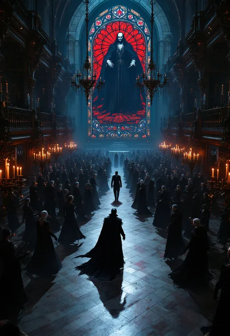 dark fantasy, The Vampire's Masquerade in Castle Drakenhof, In the opulent yet sinister grand hall of Castle Drakenhof in Sylvania, aristocratic vampires clad in extravagant, gothic attire waltz under chandeliers made of bones and dimly lit candles. A massive stained-glass window depicting Vlad von Carstein casts crimson hues across the room. At the center, a human noble is enthralled, unaware of the fanged smiles surrounding him. The camera angle is a wide shot from an upper balcony, capturing the eerie elegance of the undead gathering and the looming shadows that hint at the night's darker intentions.