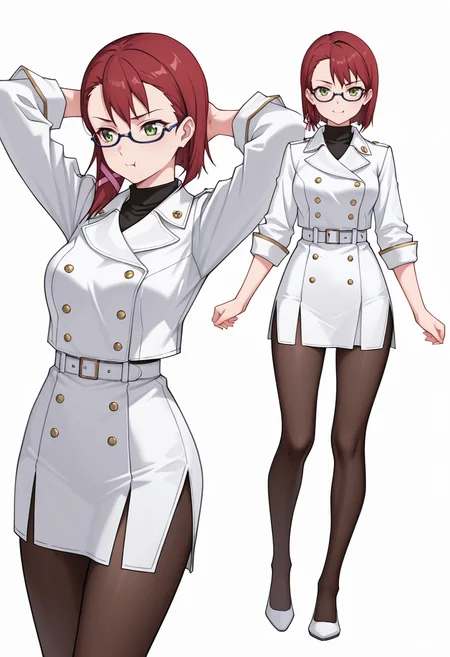 Smooth Quality,masterpiece,very intricate, high quality details, ultra realistic, high detailed skin,detailed enviorement,absurdres,
<lora:Dina_Sera_CNR:0.8> dina_cnr, red hair, short hair, asymmetrical bangs, green eyes,semi-rimless eyewear, medium breasts,hair ribbon,pullover,,double-breasted jacket, ,side slit pantyhose,,, simple background, white background, dutch angle,
standing with feet wide, hands clasped behind head, elbows flared ,, :t,