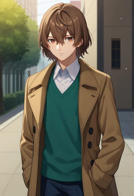 score_9, score_7_up, source_anime
goro, 1boy, male focus, solo, brown eyes, brown hair, hair between eyes, shirt, white shirt, collared shirt, sweater, green sweater, coat, brown coat, long sleeves, open coat, open clothes,
outdoor,