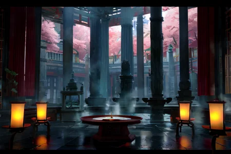 highly insanely detailed, masterpiece, top quality, best quality, highres, 4k, 8k, RAW photo, (very aesthetic, beautiful and aesthetic),  
Ancient Roman Interior Design,RomInt,ancient_roman_atrium,compluvium,impluvium,ancient_roman_bathroom,Balneum,low_table, 
<lora:RomanInterior-10:0.5>, 
(1girl:1.3), 
1other, 
, 
very short hair, 
, 
architecture,east asian architecture,pagoda,watercraft,letterboxed,tower,cylinder,cylinder in the middle,big red maple tree,cherry blossoms,statue,dark wooden relief sculpture on the wall,lantern,vase,red lanterns,ribbon,lamp,Mahogany Carving,round table,rug,(lotus),mist,misty,steam,dense_fog,foggy,Puffy Smoke,smokeanywhere,smoke,wisps of smoke,magic smoke,summoning smoke,fog,thick mist,Redwood furniture,the wooden booth,window,lattice windows,traditional lattice ceilings,red velvet,letterboxed,reflection,lily pad Red and Dark Wood Chinese Interior,psychedelic,,water,wall,sky,bridge,cloud, 
,âââ