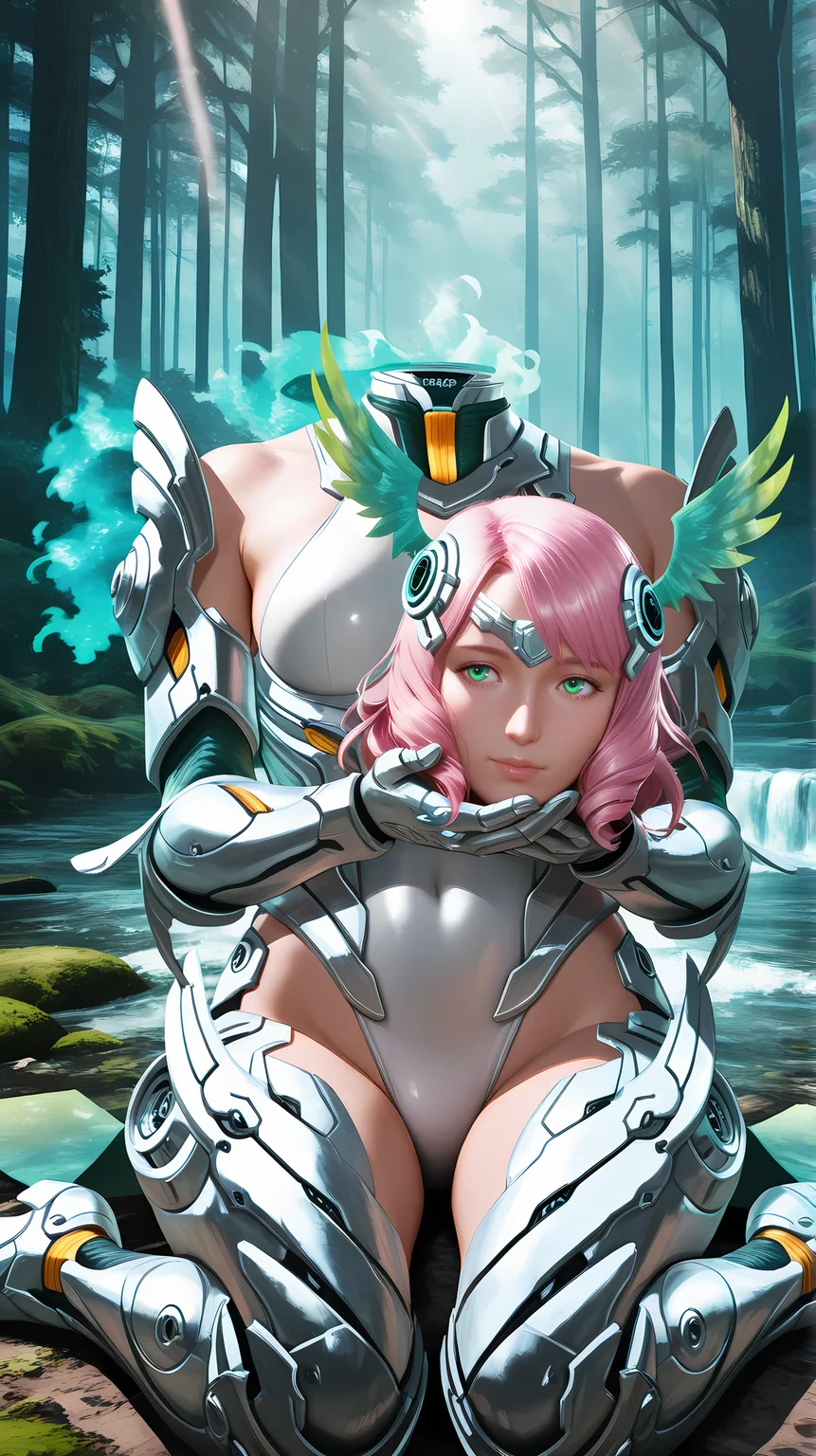1girl, solo, <lora:Alisa_Bosconovitch_NikeSuit_Illu_Dwnsty-000008:1>, alisa_nikesuitt8, green eyes, split-color hair, pink hair, medium hair, android, drill hair, headgear, head wings, white leotard, covered navel, skin tight, collar, mechanical arms, green sleeves, detached sleeves, bare shoulders, silver armor, green coattails, wire, engine, glowing, groin, mechanical legs, cowboy shot,
holding own head, headless, holding head, severed head, <lora:HoldingOwnHead_Illu_Dwnsty-000008:1>,
forest, high fantasy, sunlight, glowing trees, vibrant greenery, magical flowers, soft rays, sparkling water, moss, ethereal, serene, enchanted, wariza, sitting,
detailed body, detailed eyes, (masterpiece, best quality, aesthetic, detailed),