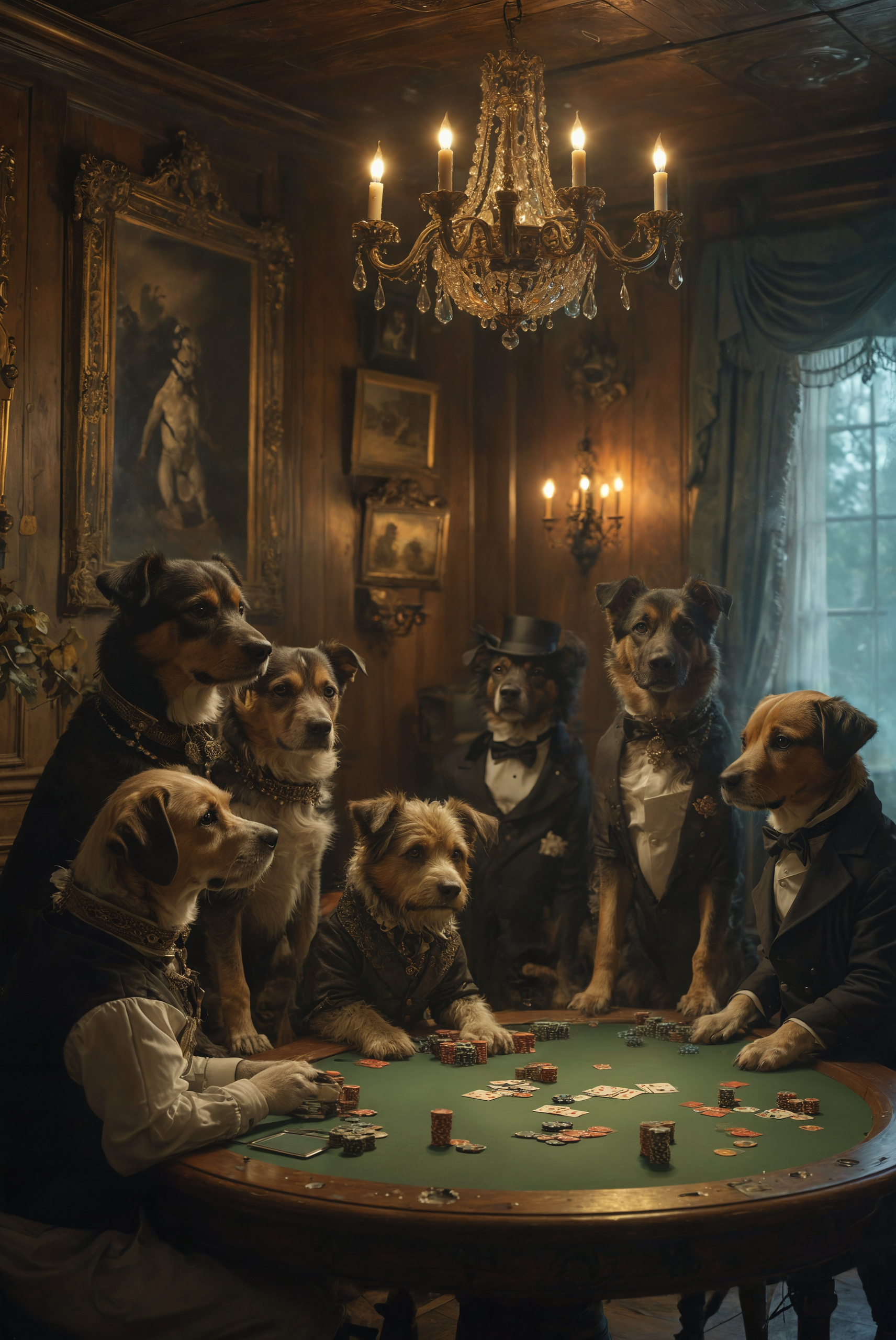 art by Jean Baptiste Monge. anthropomorphism. A group of dogs, dressed in formal attire, are gathered around a poker table in a smoky room, intensely focused on their game. One dog is subtly passing an ace under the table to his partner, both of them with sly grins. The room is dimly lit, with a chandelier overhead casting a warm glow on the scene. The background features rich, wooden paneling and vintage paintings, adding to the classic, nostalgic atmosphere.
photography, Natural geographic photo, Hyper-realistic, 16k resolution, (masterpiece, award winning artwork), many details, extreme detailed, full of details, Wide range of colors, high Dynamic,
<lora:add-detail-xl:2> <lora:MJ52:0.5>