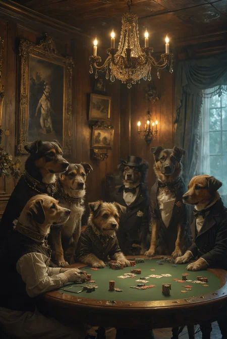 art by Jean Baptiste Monge. anthropomorphism. A group of dogs, dressed in formal attire, are gathered around a poker table in a smoky room, intensely focused on their game. One dog is subtly passing an ace under the table to his partner, both of them with sly grins. The room is dimly lit, with a chandelier overhead casting a warm glow on the scene. The background features rich, wooden paneling and vintage paintings, adding to the classic, nostalgic atmosphere.
photography, Natural geographic photo, Hyper-realistic, 16k resolution, (masterpiece, award winning artwork), many details, extreme detailed, full of details, Wide range of colors, high Dynamic,
<lora:add-detail-xl:2> <lora:MJ52:0.5>