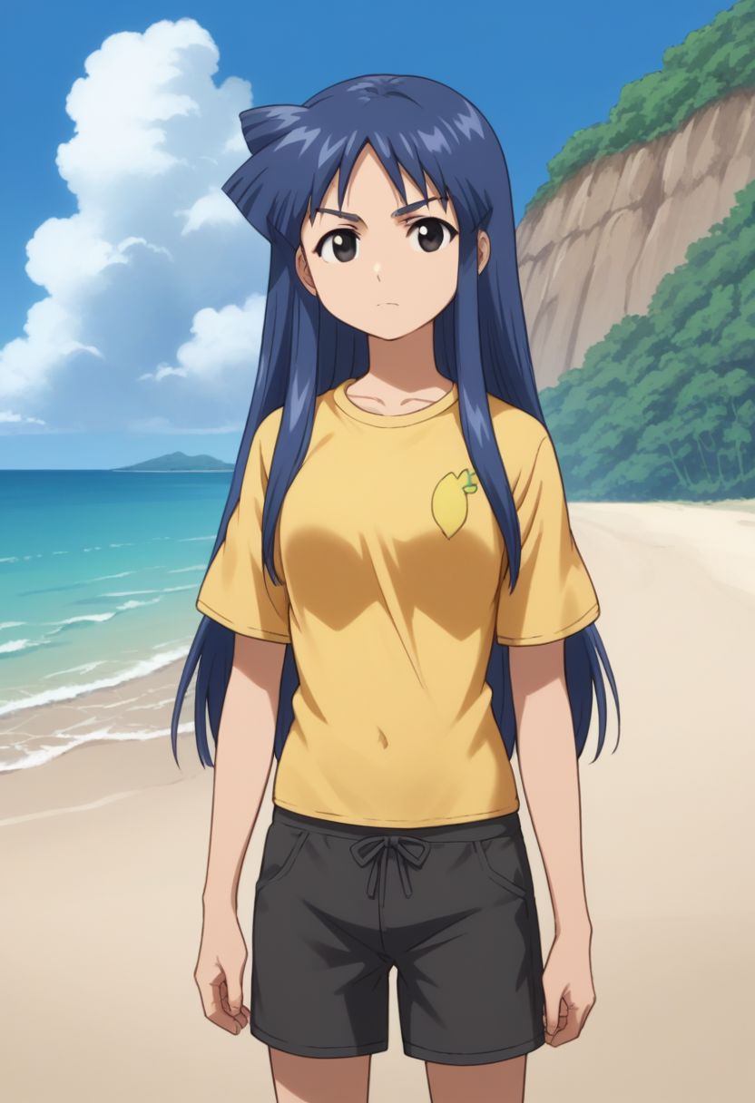 score_9, score_8_up, score_7_up, source_anime, highly detailed,
chizuru, 1girl, solo, black eyes, long hair, blue hair, shirt, serious, short pants, t-shirt, short sleeves, yellow shirt, 
outdoor, beach, sky, cloud.