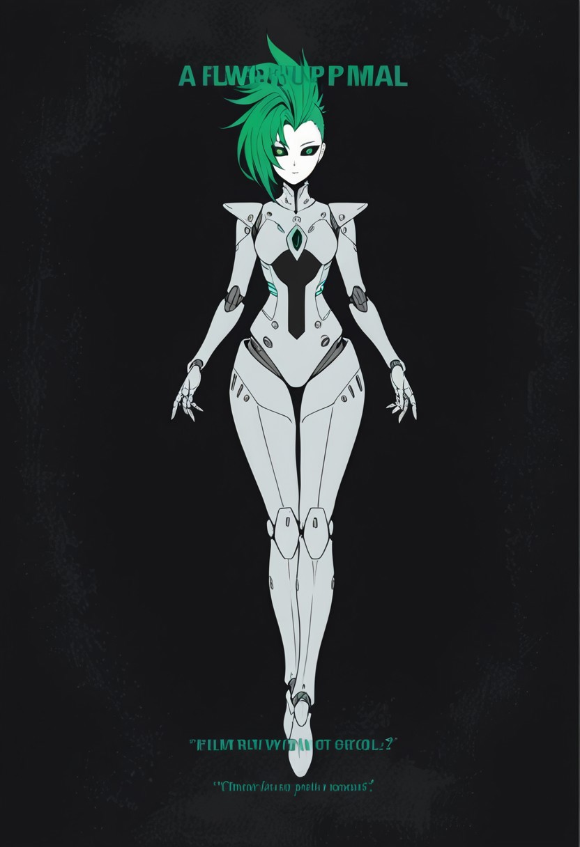 robot girl, android woman, gray metallic skin, green hair, hair covers on one side of the head,  black sclera, green iris, asymmetrical hair, panel lines, short hair, mohawk, flowing hair, sharp angles, dynamic pose, wide hips, flat sides of the head, intricate details, ultra sharp, exquisite detail, flawless composition, vivid colors, masterpiece,
m1n1mal-p0st3rs, flat color, silhouette, black background, green text