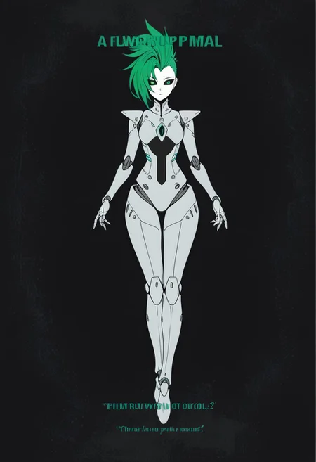 robot girl, android woman, gray metallic skin, green hair, hair covers on one side of the head, black sclera, green iris, asymmetrical hair, panel lines, short hair, mohawk, flowing hair, sharp angles, dynamic pose, wide hips, flat sides of the head, intricate details, ultra sharp, exquisite detail, flawless composition, vivid colors, masterpiece,
m1n1mal-p0st3rs, flat color, silhouette, black background, green text
