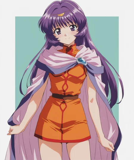 masterpiece, best quality, amazing quality, very aesthetic, ultra detail, clear line, solo, <lora:little_niece_v01:0.8>, little niece, purple eyes, long hair, dark purple hair, hair ornament, orange dress, sleeveless dress, cloak, smile, cowboy shot, simple background, <lora:LECO_BadHands:1.2>, <lora:LECO_GoodHands:-1.2>