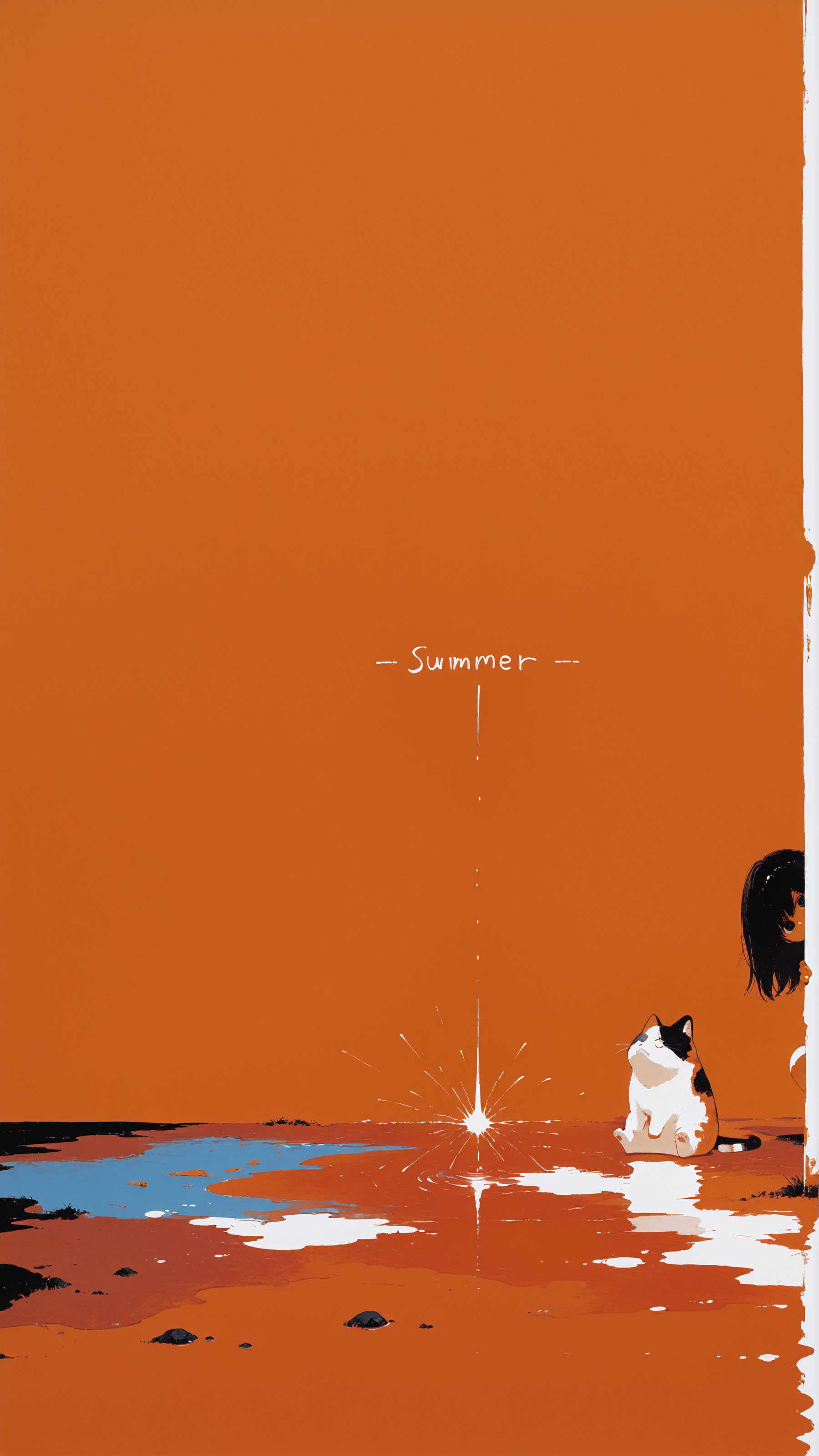 masterpiece, newest,absurdres,incredibly absurdres, best quality, amazing quality, very aesthetic, 
2girls,summer, peeking, black hair BREAK 1 fat cat, sitting, meteor whatever,"booooom" text, puddle,
<lora:ka_marukogedago:1> k4_illu, abstract, traditional media, scan, blending,  <lora:Neg4tive_sp4ce:0.4> orange theme,