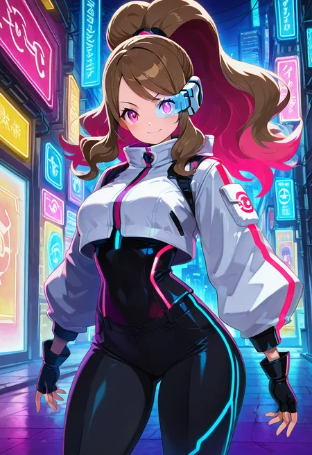 masterpiece, best quality, solo, curvy, beautiful eyes,  zzHildaLuxCitron, pink eyes, brown hair, high ponytail, long hair, multicolored hair, pink hair, ponytail, sidelocks,  white jacket, long sleeves, shiny, pants, black gloves, cyberpunk, scouter,  , <lora:HildaLuxVolt_IXL:1.0>,, smile, looking at viewer, cowboy shot,  <lora:HaradaTakehitoIXL_v3:0.8>, <lora:ZankuroIXLLight_v2:0.3>,