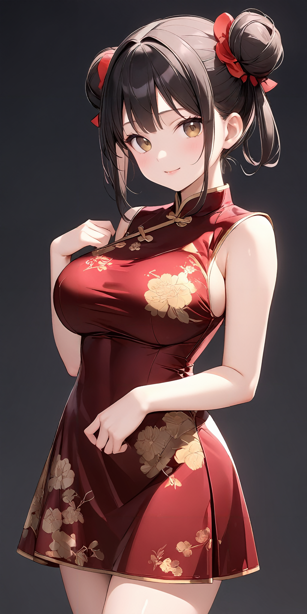 masterpiece,ultra-detailed,best quality,8K,illustration,cute face,clean skin ,shiny hair,girl,simple background, cowboy shot,dress
 <lora:add-detail-xl:1>  <lora:lkp_XL_V1.0:1> lkp, breasts <lora:china dress_XL_V1.0:1.2> jyojifuku, china dress, skirt, double bun, floral print