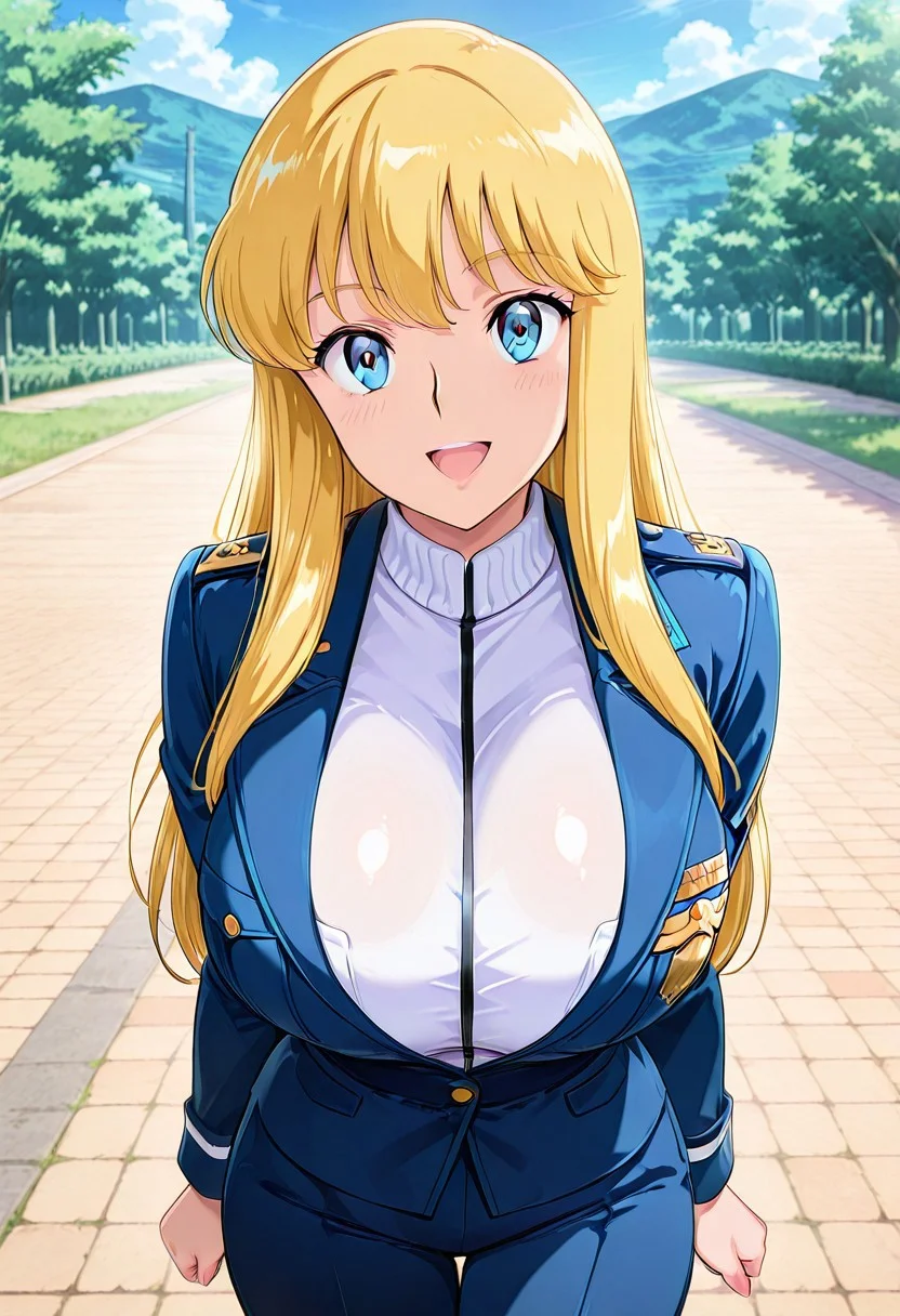 Best quality,masterpiece,soft light,official art,masterpiece,high quality,highres,absurdres,best quality,epic scene,natural textures,easynegative,Erotic_style,straight-on,souce_anime ,anime cloring,
cowboy shot, outdoors, 1girl,solo,smile,noon,open mouth,looking at viewer,standing,straight-on,military uniform,
Reiko Akimoto,blonde_hair, long_hair, blue_eyes, huge_breasts,Police uniform,
