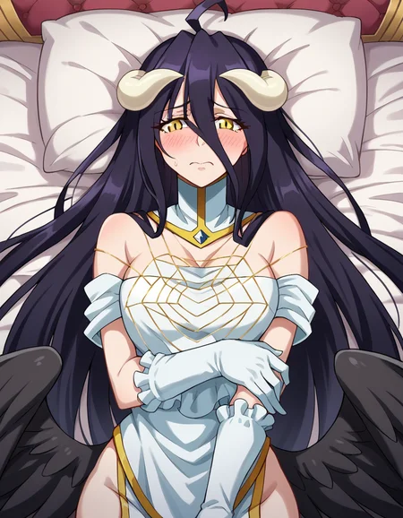 score_9, score_8_up, score_7_up, source_anime,
overlordalbedo, <lora:overlord-albedo-ponyxl-lora-nochekaiser:1>,
albedo, ahoge, black hair, horns, long hair, yellow eyes, blush, embarrassed,
bare hips, bare shoulders, black wings, detached collar, elbow gloves, feathered wings, gloves, gold trim, high collar, hip vent, jewelry, low wings, white gloves, wings,
indoors, bed, bed room, lying, lying on back, pillow,
looking at viewer, cowboy shot, dutch angle,