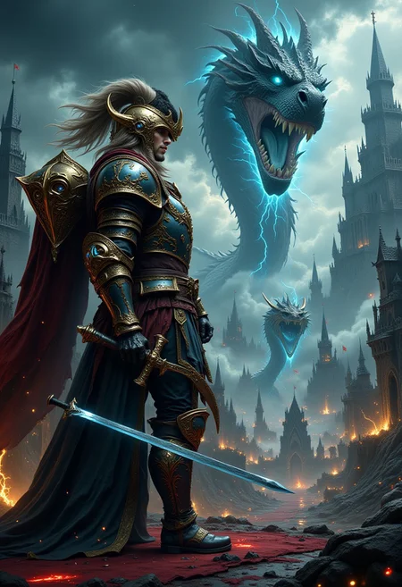an epic poster-style photograph inspired by the Warcraft universe, rendered with unprecedented photographic realism and cutting-edge 3D artistry. Feature a hyper-realistic portrait of the main hero in intricately detailed armor, amidst a chaotic battlefield teeming with mythical creatures and powerful magic. Make the central element an elf's eye, viewing the entire scene as if perceived through it, with reflections of colossal castles, soaring dragons, and fierce warriors
