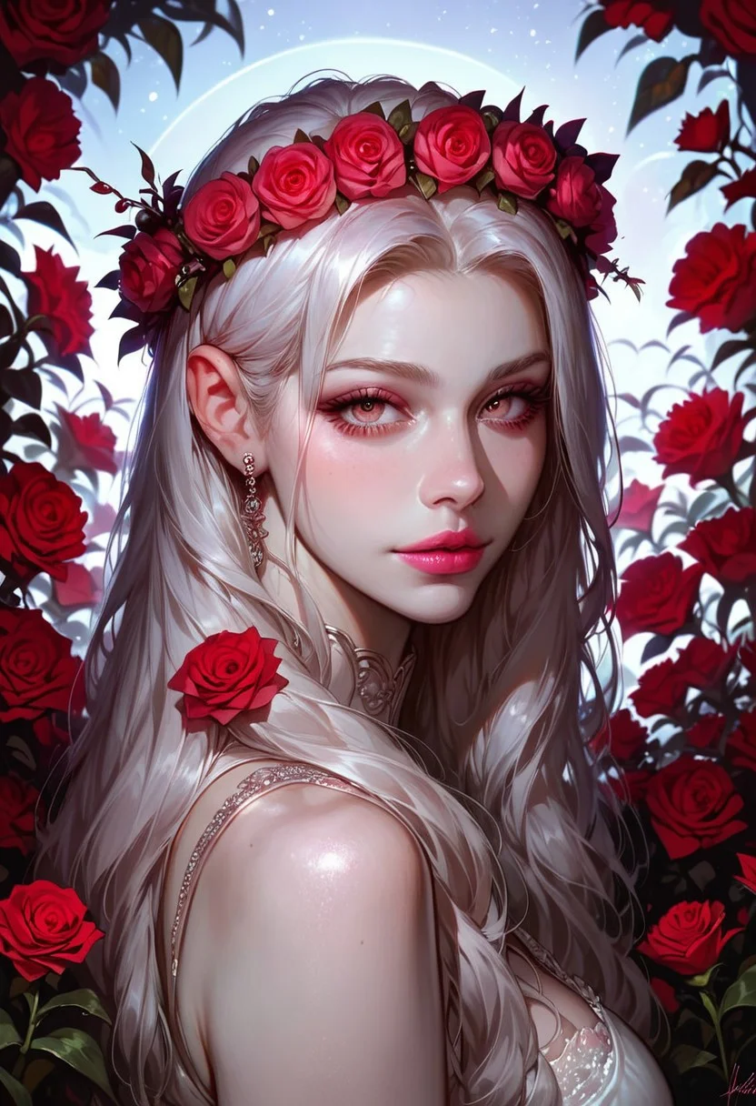 score_9_up, score_9, score_8_up, score_8, score_7_up, score_7, cinematic lighting, raw, high quality, 4k resolution, absurdres, masterpiece, dynamic lighting, high contrast, morimee_style, detailed face, dramatic lighting, sfw,
1girl, cute, mature, (((((pale skin))))), ((White hair with pink ends)), ((long hair)), pink makeup, pink lipstick, red-rose flowers, silver jewelry, ((white wreath)), looking at viewer,
(close view), [[side view]],
((garden background, red flowers, night)), space foreground, space background, depth of field