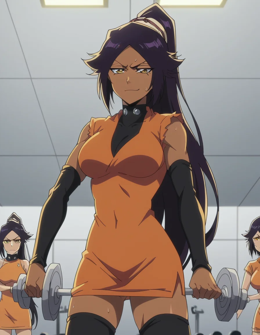 score_9, score_8_up, score_7_up, source_anime, <lora:yoruichi-shihouin-tybw-ponyxl-lora-nochekaiser:1>, yoruichi shihouin, long hair, black hair, ponytail, dark skin, dark-skinned female, high ponytail, yellow eyes, large breasts, anime screencap, dress, orange dress, thighhighs, black thighhighs, detached sleeves, zettai ryouiki,, gym, weights, machines, people, sweat, , smug, looking at viewer, solo,, cowboy shot, solo
