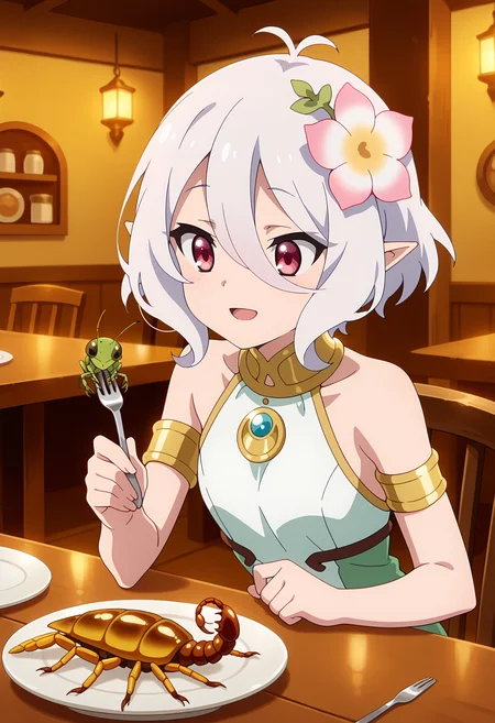 anime screencap, masterpiece, best quality,
<lora:PrincessConnect_Kokkoro_IlluXL:0.9>,
1girl, solo, open mouth, light smile,
short hair, hair between eyes, antenna hair, white hair, magenta eyes, pointy ears, hair flower,
KokkoroDress, sleeveless dress, armlet, gold trim,
holding fork,
plate, larva, grasshopper, scorpion,
sitting, table, looking at food, upper body,
medieval, restaurant, indoors, blurry background