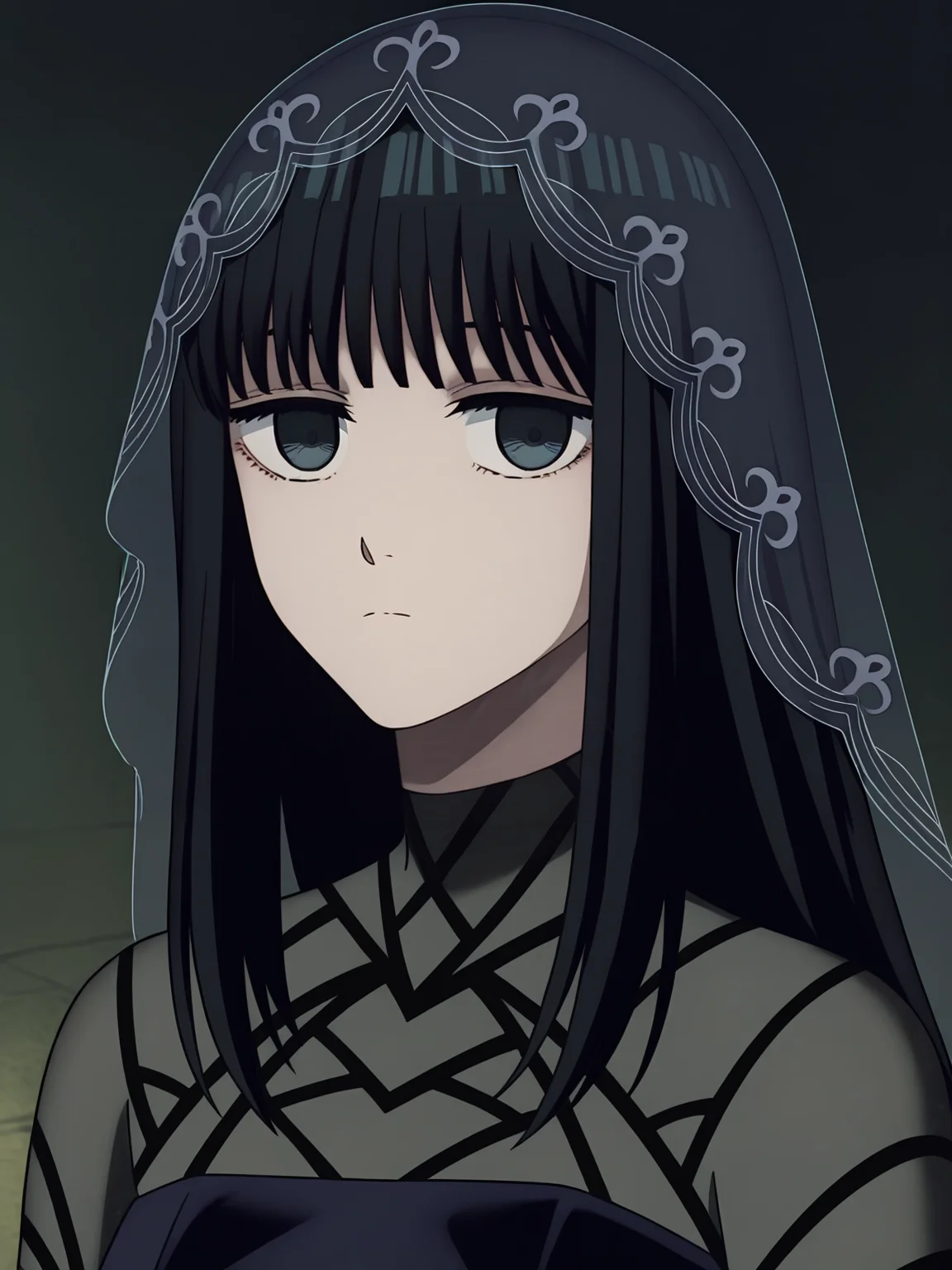 <lora:Osaragi:0.8>, osaragi, 1girl, solo, dark gray eyes, long black hair, bangs, hair veil, long gothic black dress, sheer sleeves, high collar, blank stare, calm, closed mouth, looking at viewer, portrait