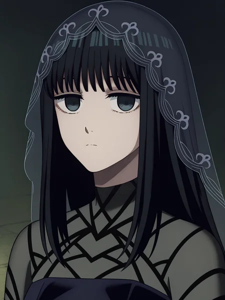 <lora:Osaragi:0.8>, osaragi, 1girl, solo, dark gray eyes, long black hair, bangs, hair veil, long gothic black dress, sheer sleeves, high collar, blank stare, calm, closed mouth, looking at viewer, portrait