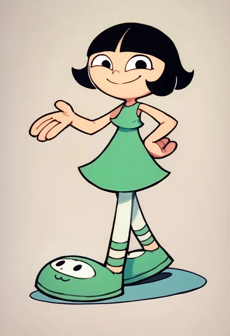 score_9, score_8_up, score_7_up BREAK LeeLeeDL, 1girl, black hair, bob cut, blunt bangs, black eyes, sleeveless green dress, white tights, green ballet shoes, smiling at viewer, solo, solo focus, full body,