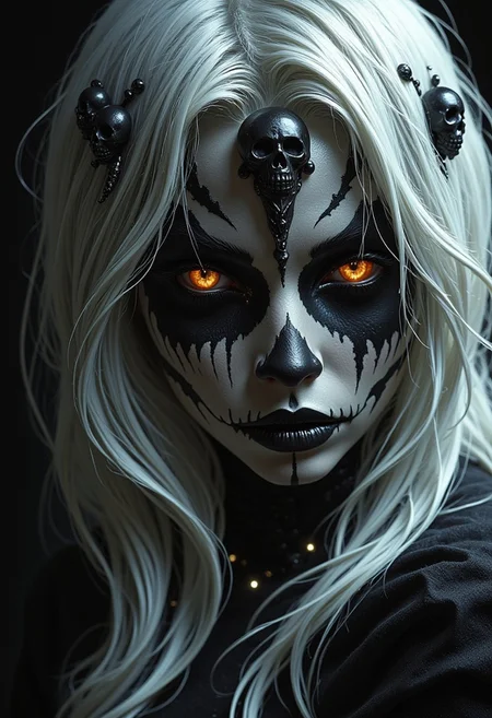 ArsMJStyle, dnddarkestfantasy, portrait of beautiful oriental female shaman, white hair with skull-themed hair ornaments, black and white face paint in a skull fashion, burning bright eyes. Perfect Composition, realistic photographic image, RAW photo highest quality, perfect directional lighting, highly detailed face, dark eye-shadow, high contrast, viewed from side