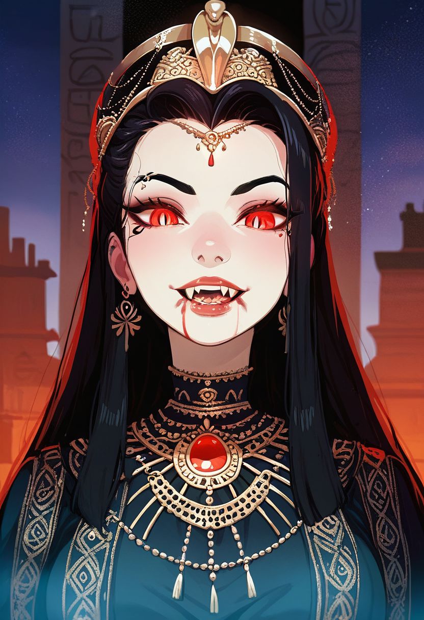 Score_9, Score_8_Upper, Score_8_Upper, Score_8_Upper, Score_8, solo, 1girl, anime, perfect face, bloody mouth, vampire sorceress, pale skin, black hair, black brows, scarlet eyes, piercing gaze, glowing eyes, decorated robes, golden jewelry, black gothic full robes, stitch marks, stitched skin, ghastly pale skin, egyptian royal crown, 
night sky, egyptian temple background, large fangs,