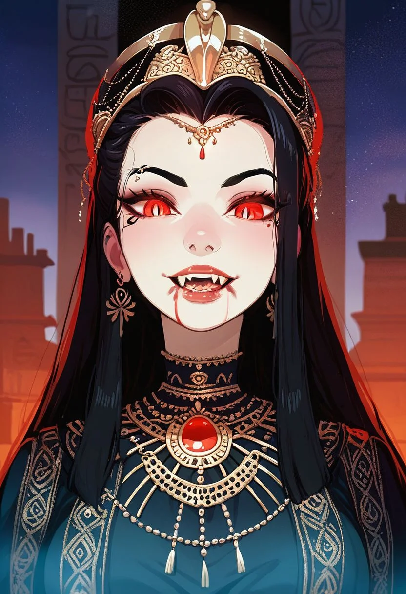 Score_9, Score_8_Upper, Score_8_Upper, Score_8_Upper, Score_8, solo, 1girl, anime, perfect face, bloody mouth, vampire sorceress, pale skin, black hair, black brows, scarlet eyes, piercing gaze, glowing eyes, decorated robes, golden jewelry, black gothic full robes, stitch marks, stitched skin, ghastly pale skin, egyptian royal crown,
night sky, egyptian temple background, large fangs,