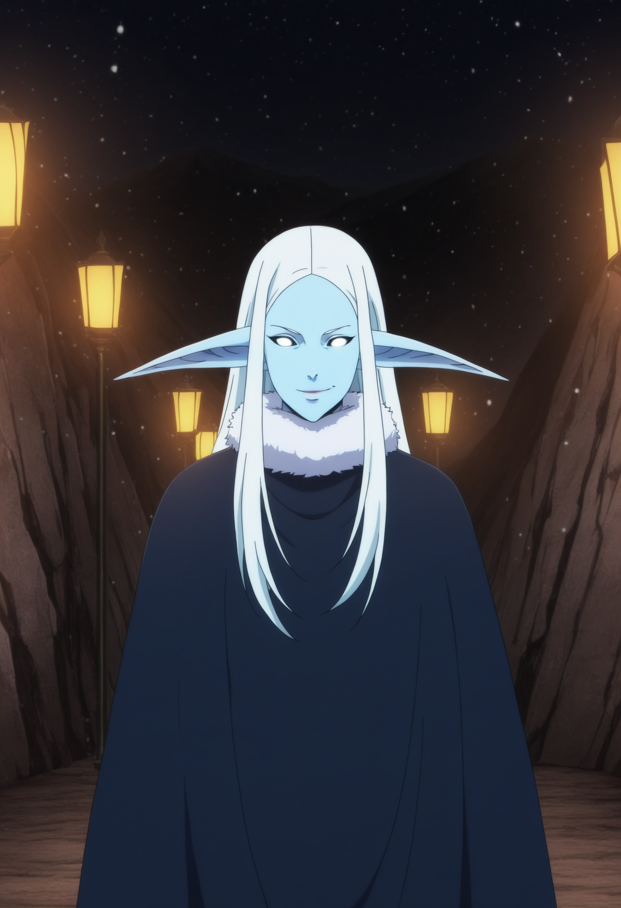 1girl, ice elves, pointy ears, solo, blue skin, white hair, white eyes, long hair, fur trim, cape, detailed image, detailed line art, anime screencap, sharp line art, black shading, (manhwa style:1.2), snow, cinematic composition, (full body:0.6), <lora:anime_screencap:0.5> anime screencap, anime coloring, best quality, high contrast, detailed background, evil look, snowing, mountain range, blue sky,  <lora:Ice_Elves_Baruka- Illustrious:0.8>
