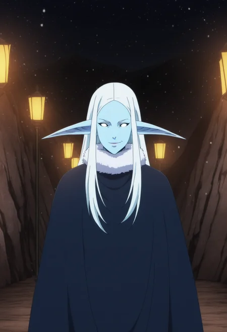 1girl, ice elves, pointy ears, solo, blue skin, white hair, white eyes, long hair, fur trim, cape, detailed image, detailed line art, anime screencap, sharp line art, black shading, (manhwa style:1.2), snow, cinematic composition, (full body:0.6), <lora:anime_screencap:0.5> anime screencap, anime coloring, best quality, high contrast, detailed background, evil look, snowing, mountain range, blue sky, <lora:Ice_Elves_Baruka- Illustrious:0.8>
