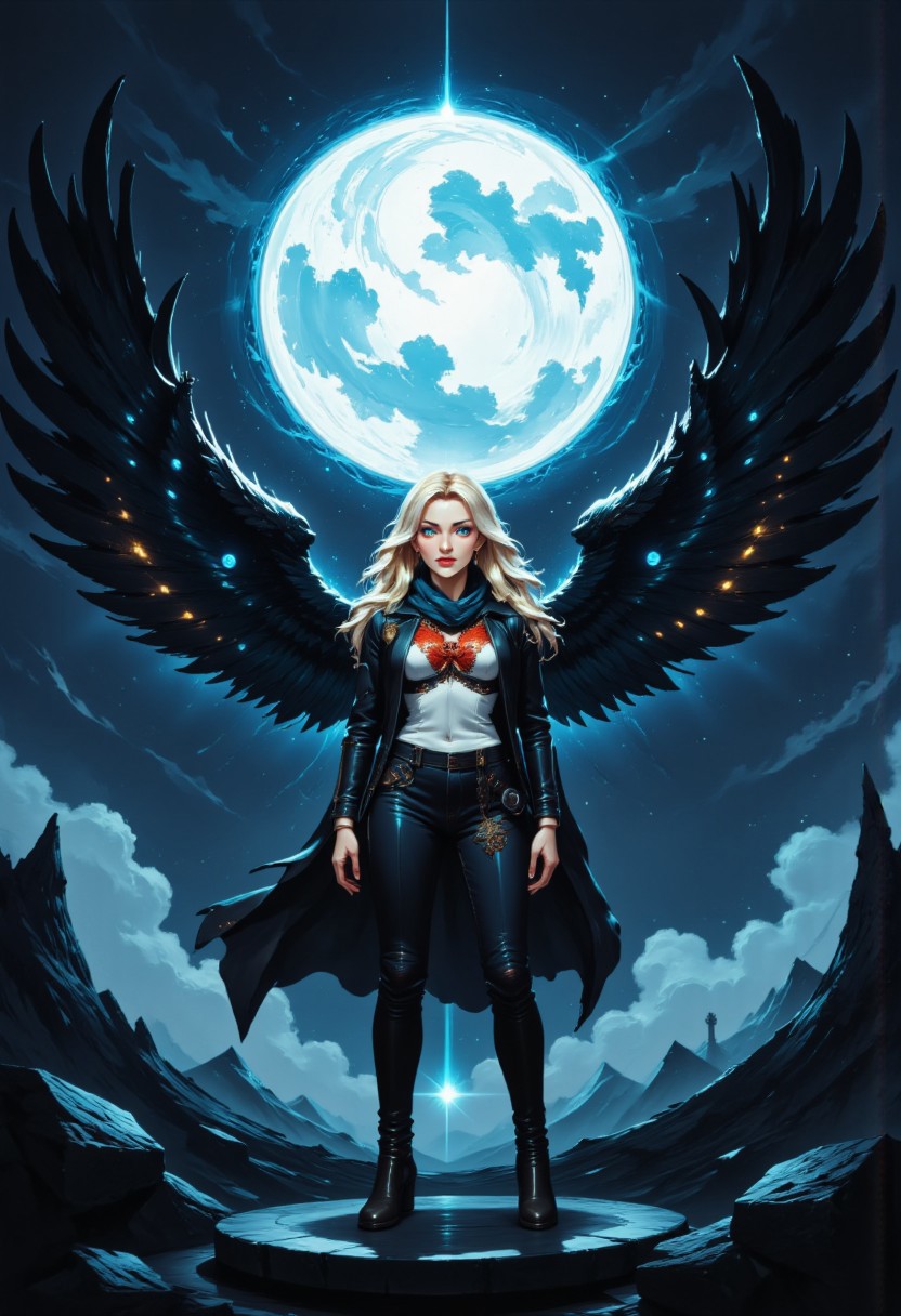 blonde girl with Elsa Hosk's face, in a torn leather jacket, torn scarf, torn jeans, wounded, open black wings - huge like an angel's, against the backdrop of the bright shining night, moon,  winter, on the roof of the destroyed cathedral, detail fantasy, hyper detail, 4k, realistic style, fantasy style, painterly style, high detail, hyper detail, low contrast, dull colors, exposure blending, HDR, faded, super detail, professional art, high detail fantasy,