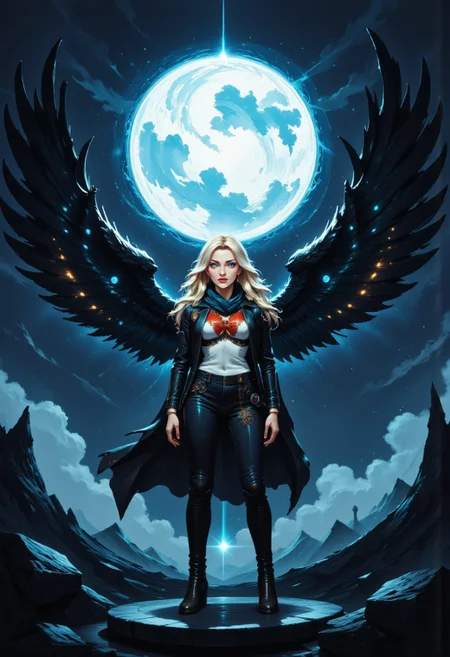 blonde girl with Elsa Hosk's face, in a torn leather jacket, torn scarf, torn jeans, wounded, open black wings - huge like an angel's, against the backdrop of the bright shining night, moon,  winter, on the roof of the destroyed cathedral, detail fantasy, hyper detail, 4k, realistic style, fantasy style, painterly style, high detail, hyper detail, low contrast, dull colors, exposure blending, HDR, faded, super detail, professional art, high detail fantasy,