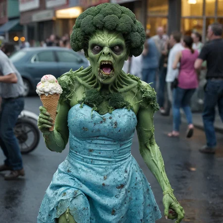 Bizarre scene depicting a (broccoli-monster:1.3), wearing cocktail dress, (eating ice cream sarcastically:1.2), in public, crazy, ((zombie apocalypse theme)), High Resolution, (cinematic:0.95) <lora:xl_more_art-full_v1:0.75>