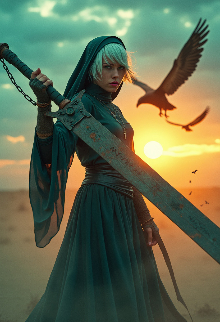 A powerful nun with short neon white hair and a piercing, blushed smile stands against an eerie, otherworldly turquoise sunset. She wields a massive, old, and rusty sword reminiscent of the one from Final Fantasy. Dust swirls in the air, and her translucent nun’s habit billows dramatically in the wind. In the sky above, a few ominous vultures circle, adding to the eerie tension of the scene. The warm orange and turquoise hues create an ethereal atmosphere. Her fierce expression and intense gaze contrast with the unsettling charm of the environment. The setting is cinematic, hyper-realistic, and gritty, with soft shadows in a desolate desert landscape.