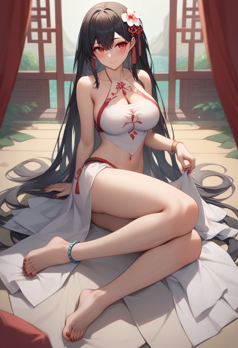 score_9,score_8_up,score_7_up,<lora:dudou:1>,dudou, 1girl, solo, jewelry, barefoot, long hair, anklet, black hair, breasts, hair ornament, nail polish, toenail polish, red eyes, cleavage, flower, feet, sitting, bracelet, very long hair, toenails, hair flower, smile, legs, blush, large breasts, bare shoulders, toes, full body, looking at viewer, midriff, halterneck