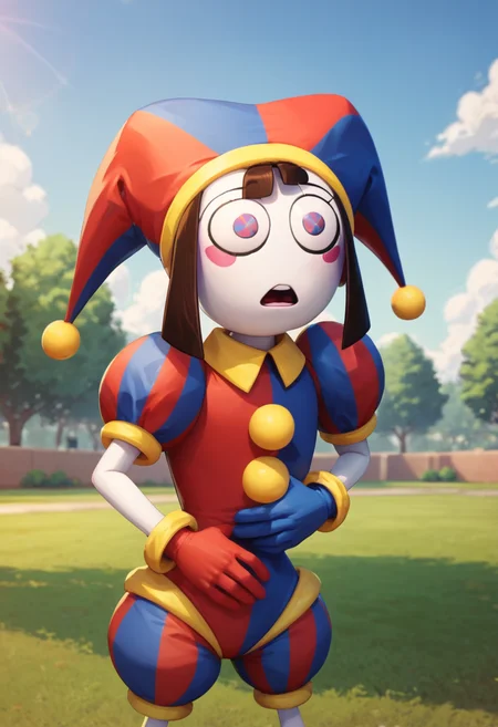 masterpiece,best quality, highly detailed, score_9, score_8_up, score_7_up, score_6_up,<lora:xl_more_art-full_v1:0.8>,
BREAK
<lora:pomniXL:0.8>pomni,solo, jester cap, blush stickers, clown, hat, gloves, facepaint, open mouth, 1girl,park